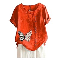 Camisetas Mangas Talla Grande Mujer Camisas Estampado Floral Mariposa lino y algodón Camiseta Manga Corta con botones