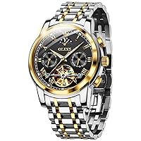 OUPINKE Men's Automatic Luxury Skeleton Mechanism with Moon Phase Tourbillon Day Date Waterproof Luminous Stainless Steel Strap