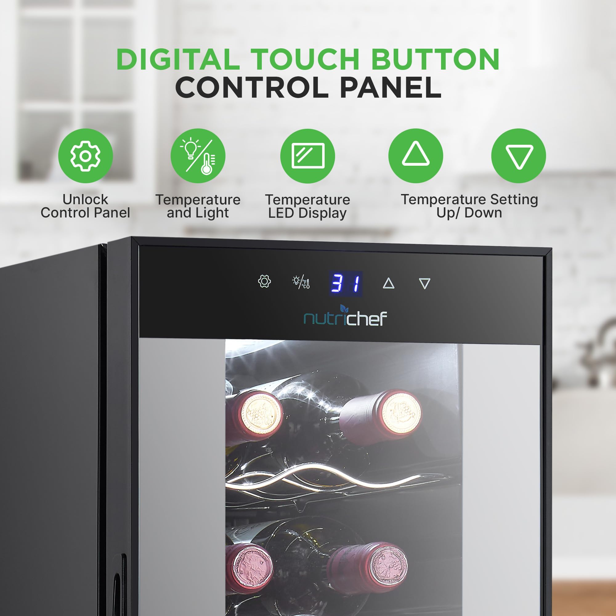 NutriChef PKCWC140 Chilling Refrigerator Cellar-Single-Zone Wine Cooler/Chiller, Digital Touch Button Control with Air Tight Seal, Contains Placement for Standing (14 Bottle Storage Capacity), Black