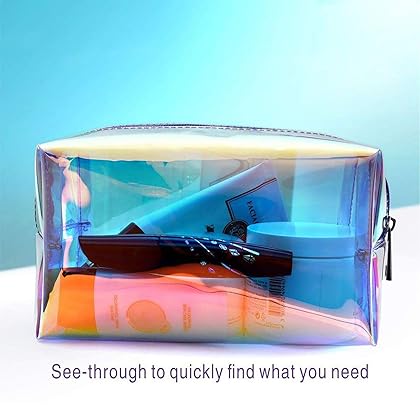 F-color Holographic Makeup Bag - Clear Makeup Bag for Women - Travel Clear Cosmetic Bag - Waterproof Large Clear Makeup Pouch with Zipper, Purple