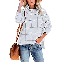 Women's Turtleneck Sweater Plaid Color Block Casual Long Sleeve Loose Casual Chunky Knit Pullover Side Split Tops