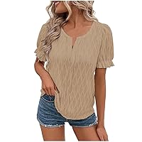 Puff Sleeve Blouses for Women Dressy Casual Summer Cute Tops Ruffle Short Sleeve Notch V Neck T-Shirts Stylish Blouse