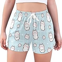 Women's Athletic Shorts Cartoon Bunny and Flower Workout Running Gym Quick Dry Liner Shorts with Pockets