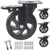 5 Inch Swivel Caster Wheels Set of 4, Heavy Duty Casters with Brake, Polyurethane Locking Casters for Cart, Workbench and Trolley-Load 2200lbs, Black(Two Hardware Kits)