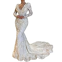 Glitter Sequins Rhinestones Long Sleeves Mermaid Women Ball Gown Wedding Dresses for Brides with Train Ivory