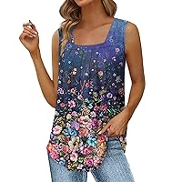 Womens Tops Summer Tank Tops for Women Loose Fit Pleated Square Neck Sleeveless Tops Curved Hem Flowy
