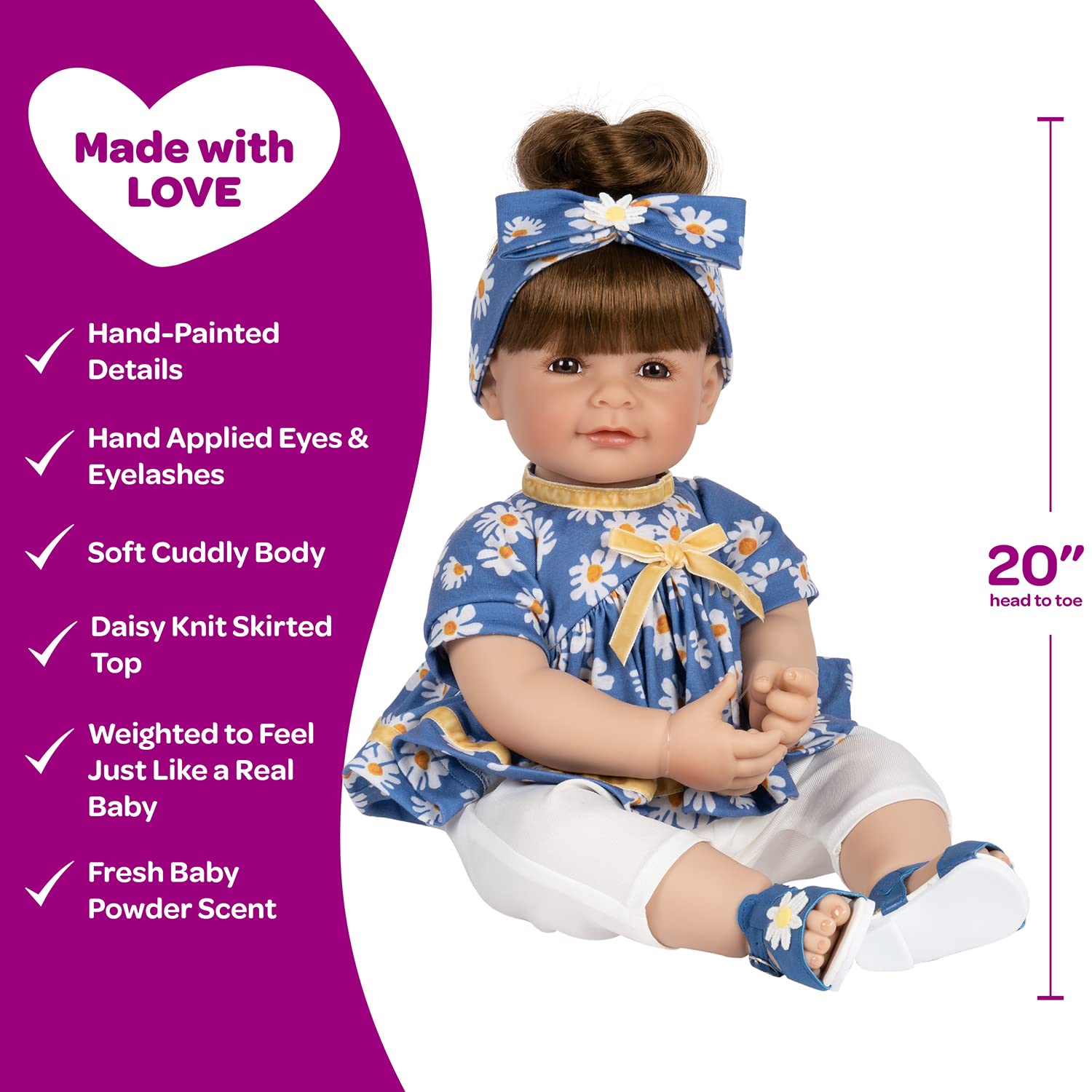 Adora Realistic Baby Doll - Toddler Time Doll - Summer Lovin, 20 inch, Soft CuddleMe Vinyl, Brown Hair/Brown Eyes