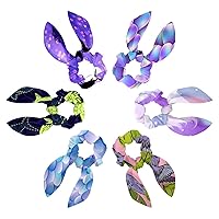 Purple Mermaid Scale Tail Texture 6 Packs Adorable Hair Scarf Scrunchies, Bunny Ears and Tail Scrunchies, Women Bowknot Hair Ropes with Bows for Girls, One Size