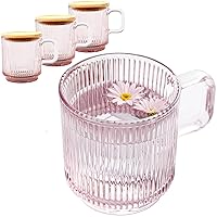 Lysenn Glass Coffee Mugs Set of 4 - Premium Classical Vertical Stripes Glass Cups with Lid - for Latte, Tea, Chocolate, Juice, Water - Lead-Free - Bamboo Lid – Pink