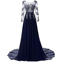Womens Long Sleeve Lace Applique Prom Dress Chiffon Aline Evening Formal Gown Backless