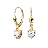 Petite Delicate Romantic Real 14K Yellow Gold CZ Bezel Set Geniune Tourmaline Gemstone Sapphire Heart Dangle Earrings For Women Girlfriend Lever Back