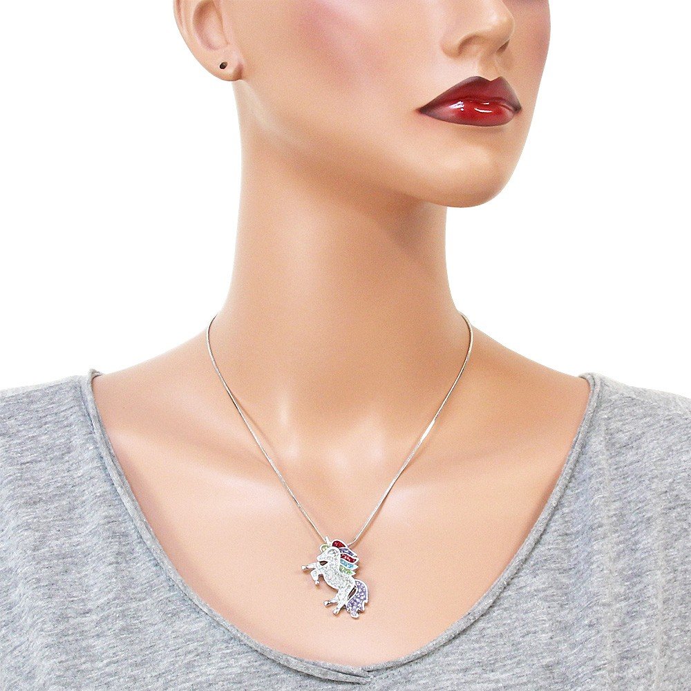 Falari Unicorn Pendant Necklace Rhinestone Crystal Rhodium High Polished J0132