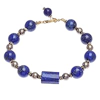 NOVICA Handmade Threaded Lapis Lazuli Hematite Pendant Bracelet Goldplated Sterling Silver Beaded Thailand Gemstone Birthstone