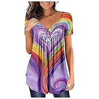 Women Blouses,Tunic Plus Size Short Sleeve Summer Shirt Love Printed Sexy Button V-Neck Blouse for Valentine's Day