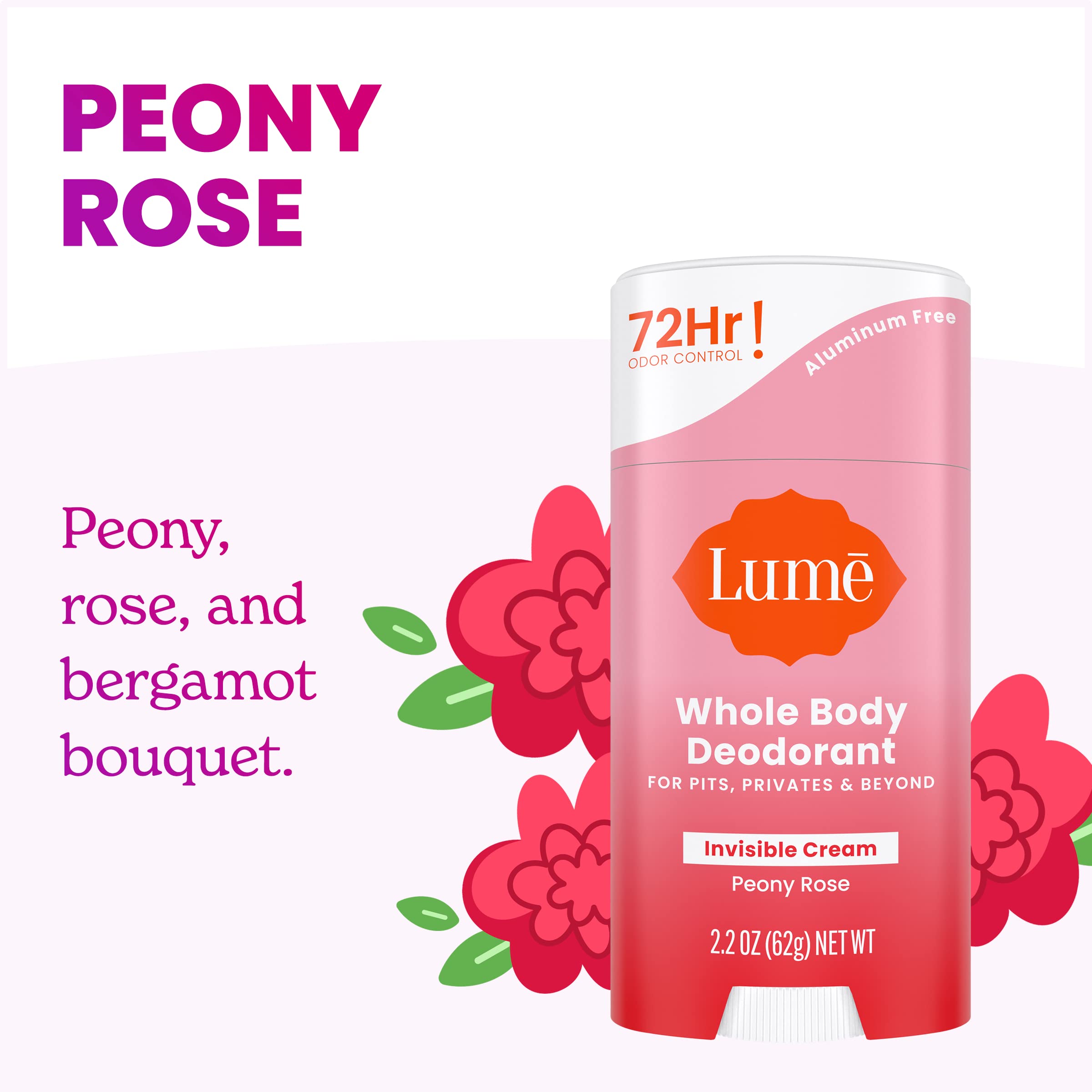 Lume Whole Body Deodorant - Invisible Cream Stick - 72 Hour Odor Control - Aluminum Free, Baking Soda Free, Skin Safe - 2.2 ounce (Peony Rose)