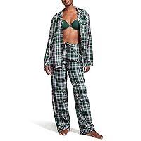 Victoria's Secret Flannel Long Pajama Set, PJ Set for Women, 2 Piece Lounge Set PJs, Flannel Pajamas, Women's Sleepwear, Green (S)