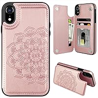 MMHUO for iPhone XR Case with Card Holder, Flower Magnetic Back Flip Case for iPhone XR Wallet Case for Women, Shockproof Protective Case Full Cover Phone Case for iPhone XR,Rose Gold