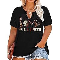Plus Size Horror Movie T-Shirt Women Novelty Graphic Halloween Tees Blouse Casual Short Sleeve V-Neck Tunic Tops