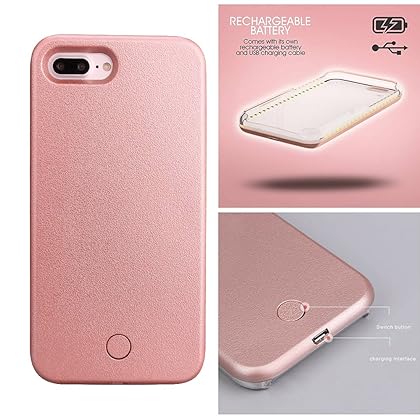 Wellerly iPhone 7 Plus Case, iPhone 8 Plus Case, LED Illuminated Selfie Light Cell Phone Case Cover [Rechargeable] Light Up Luminous Selfie Flashlight Case for iPhone 7/8 Plus 5.5inch (Rose Gold)