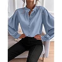 Women's Tops Women's Shirts Sexy Tops for Women Bishop Sleeve Button Up Blouse (Color : Dusty Blue, Size : Medium)