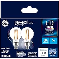 GE Reveal LED Light Bulbs, 60 Watt, A15 Ceiling Fan Bulbs, Clear, Small Base (2 Pack)