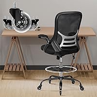 HYLONE Drafting Chair Tall Office Chair, High Ergonomic Standing Desk Computer Stools with Rubber Wheels, Flip-up Armrests, Adjustable Height and Foot-Ring, Comfortable Mesh Fabric, Black