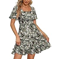WEESO Floral Dress for Women Short Square Neck Sundresses Casual L