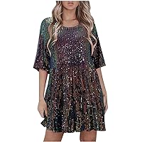 Black of Friday Deals 2024 Home Women Sequin Dress Sparkly Giltter Tunic Dresses Round Neck Half Sleeve Loose Swing Dress Disco Party Concert Outfits Robe Longue Femme
