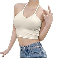 Womens Lace Up Backless Halter Crop Tops Y2K Sexy Slim Spaghetti Tank Tops Fashion Ribbed U Neck Cotton Undershirts