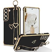 GUAGUA for Samsung Galaxy S21 Case, Plating Love Heart Phone Case with Wristband Kickstand Holder Slim Flexible TPU Shockproof Protective Electroplated Case for Samsung Galaxy S21 6.2 Inch, Black