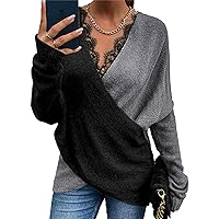 Women's Color Match Cross V-Neck Loose Pullover Sweater Colorblock Cross Wrap Front Lace Knit Casual Knit Pullover