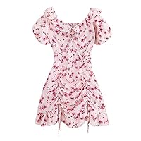 Women's Floral Mini Dress Pleated Short Sleeves Tie Front Drawstring Bodysuit Sexy Wrap Dress for Party Club