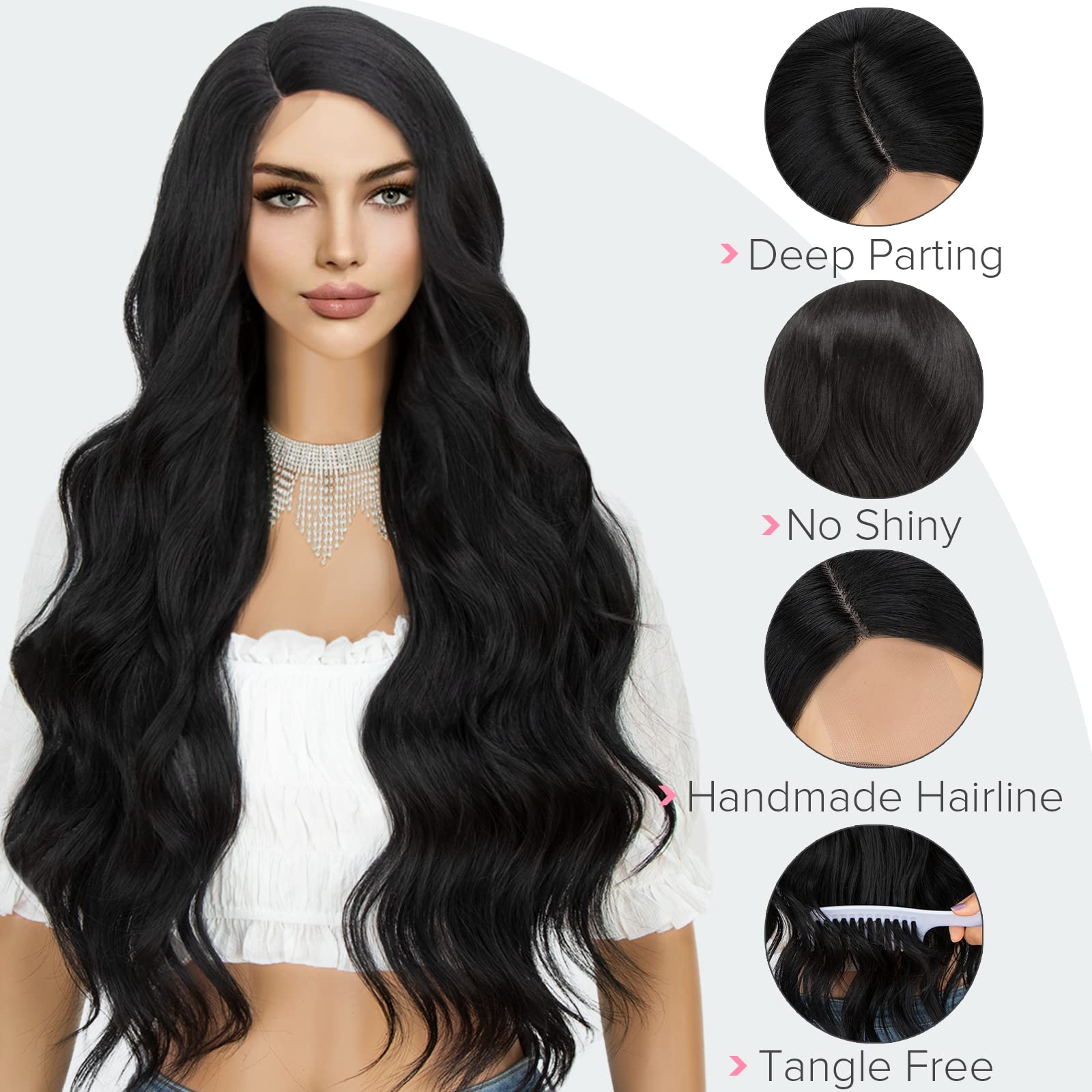 K'ryssma Black Synthetic Wigs for Black Women, Natural Looking Long Wavy Wigs Right Side Parting NONE Lace Front Black Wig Heat Resistant Fiber Wigs Hair Replacement Wig 24 inch