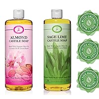 Carolina Castile Soap Sage Lime and Almond Castile Soap Liquid Bundle - 32 oz Vegan & Pure Organic Concentrated Non Drying All Natural Formula Body Wash & Shampoo