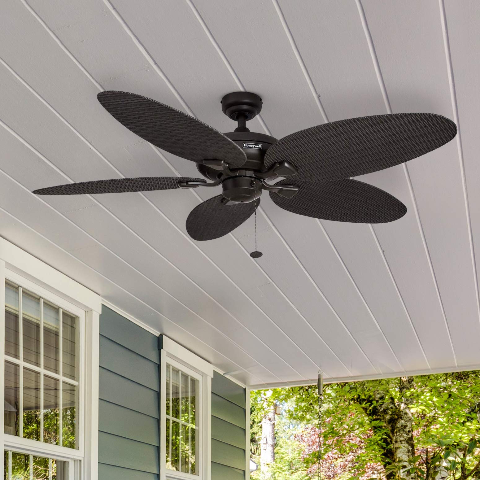 Honeywell Ceiling Fans Duval - 52-in Tri Mount Fan with Pull Chain - Indoor Outdoor Ceiling Fan - No Light - Damp Rated Tropical Room Fan with Wicker Style Blades - Model 50201 (Bronze)