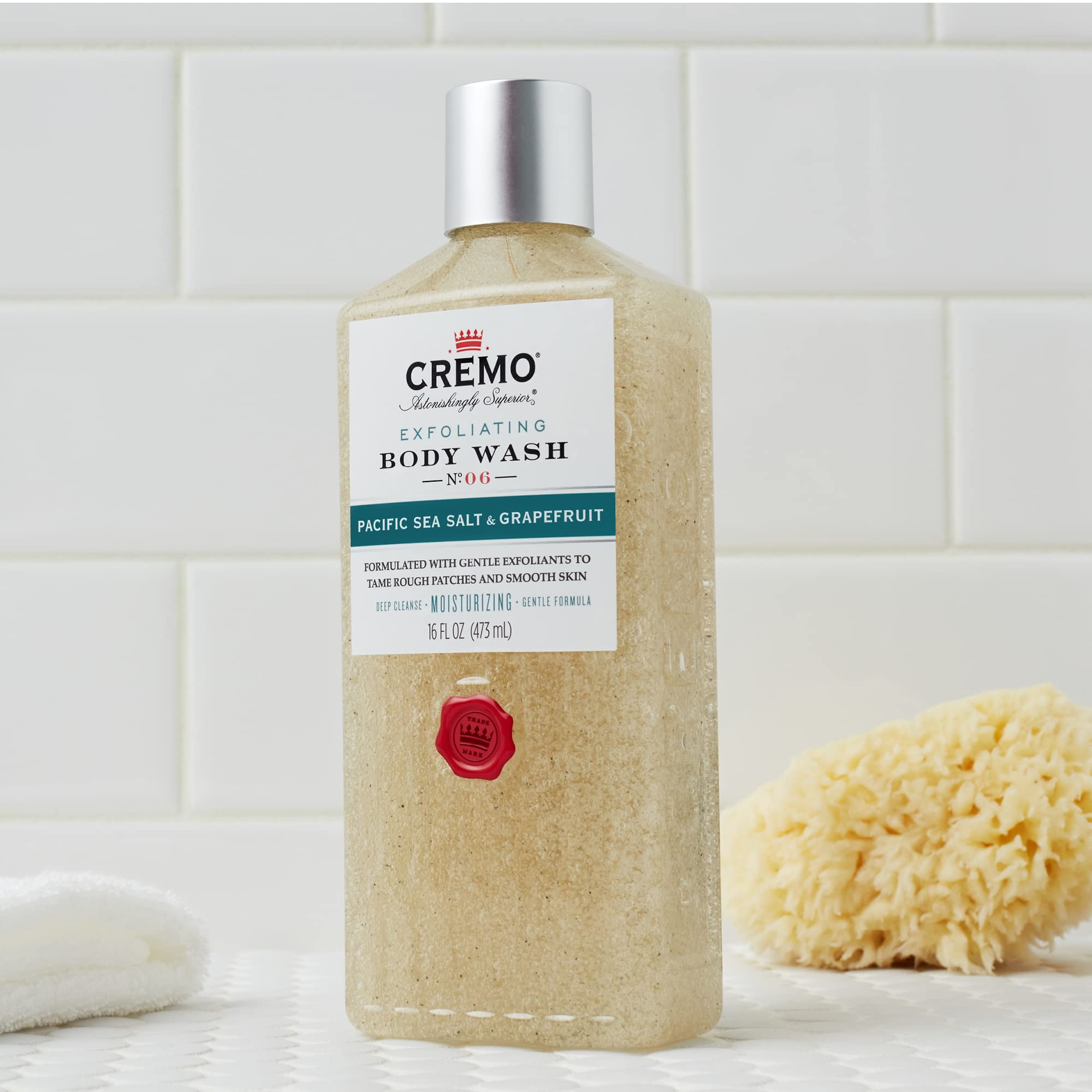 Cremo Exfoliating Pacific Sea Salt & Grapefruit Body Wash, A Refreshing Scent with Notes of Fresh Mint, Citron, Cedar and Moss, 16 Fl Oz