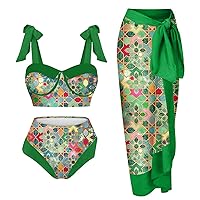 Bikini Ruffles Bathing Suit for Women with Bikini Maxi Wrap Skirts 2 Piece Floral Print Swimsuit Tankini Set