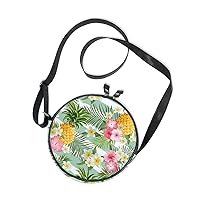 ALAZA Hibiscus Flower Pineapple Hawaiian Round Crossbody Bag Canvas Purse Messenger Bag