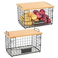 2 Pack Stackable Wire Baskets with Bamboo Top for Pantry Organizers and Storage, XL Kitchen Organization Counter Basket for Fruit, Vegetable, Produce, Bread, Potato and Onion Storage Bins