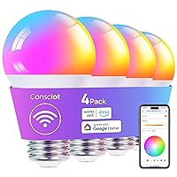 Consciot Smart Light Bulbs, LED Light Bulb That Works with Alexa & Google Home, Music Sync, RGBTW Color Changing Light Bulb, A19 E26 2.4Ghz WiFi Light Bulbs 60 watt Equivalent, 800lm Dimmable, 4Pack