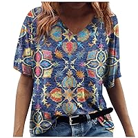 Plus Size Dress Shirts for Women, Women Fashion Casual Tops Printed Short Sleeve Shirts V Neck Pullover T Shirts