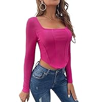 Women's T-Shirt Square Neck Asymmetrical Hem Tee T-Shirt for Women (Color : Hot Pink, Size : Small)
