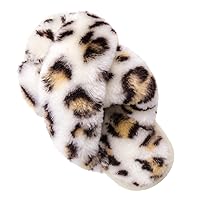 ISZPLUSH Girl's Fluffy Slippers Kids' Fuzzy Slippers Slide Sandals Leopard Tie Dye Cross Band Plush Open Toe Slip on House Bedroom Slippers