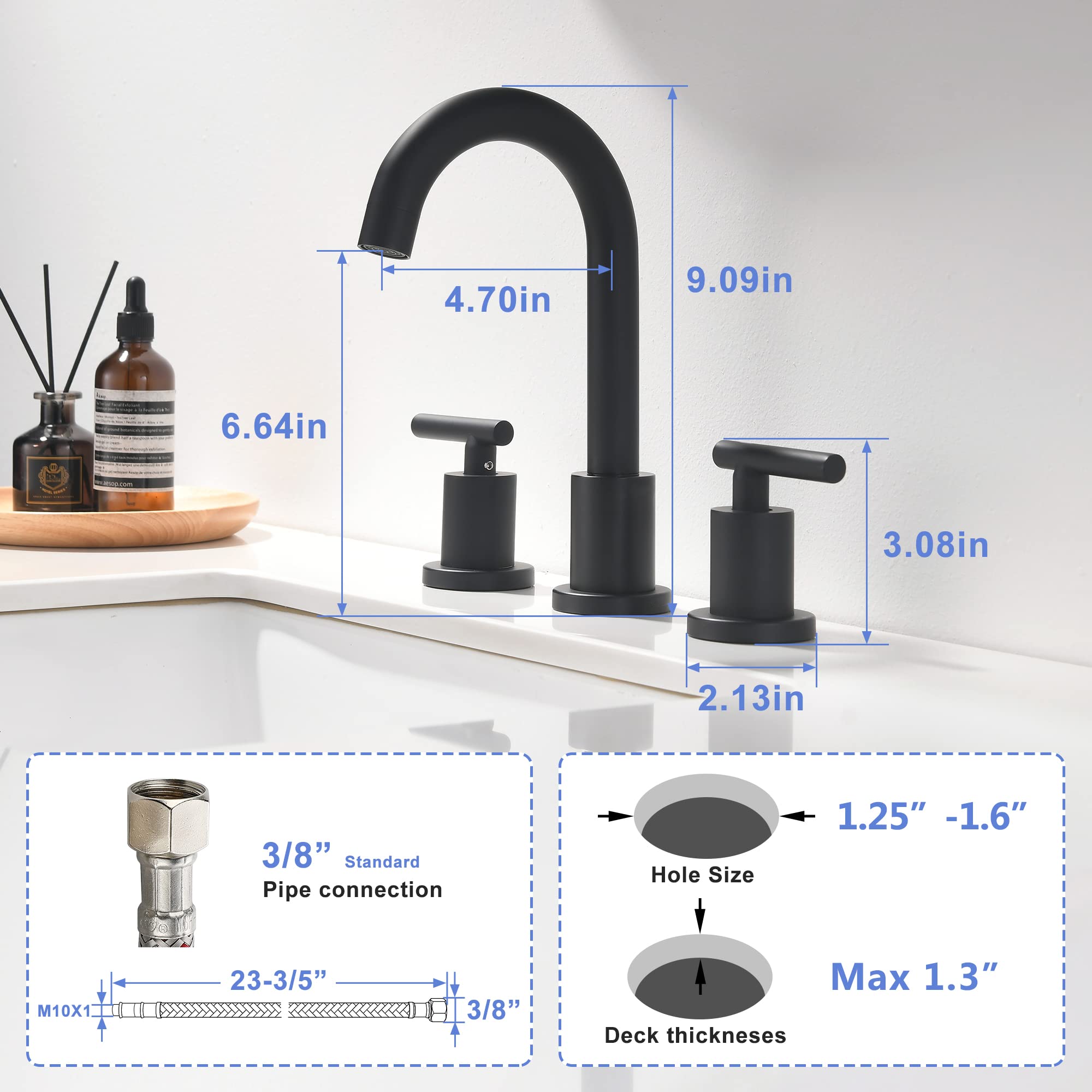 FROPO Two Handle Widespread Bathroom Sink Faucet - 3 Hole Vanity Faucet with Pop-Up Drain & cUPC Faucet Supply Lines, 8 Inch Black Bathroom Sink Faucet