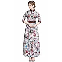 XINUO Women Dresses Star Floral Print Spring Long Sleeve Flowy Midi Casual Party Beach Summer Chiffon Knee Length Dress
