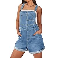 MEROKEETY Women's Denim Shortalls Adjustable Straps Bib Overalls Shorts Cuffed Jean Romper with Pockets