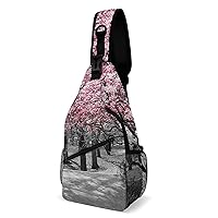 Pink and Grey Canvas Wall Art Sling Backpack Multipurpose Crossbody Shoulder Bag Printed Chest Bag Travel Hiking Daypack