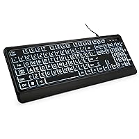 Large Print Backlit Keyboard, Quiet USB Wired Computer Keyboard, Full Size Keyboard with White Illuminated LED Compatible for Windows Desktop, Laptop, PC, Gaming, Black