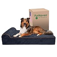 Furhaven Orthopedic Dog Bed for Extra Large Dogs w/ Bonus Water-Resistant Liner & Removable Washable Cover, For Dogs Up to 300 lbs - Goliath Quilted Faux Fur & Velvet Bolster Chaise - Dark Blue, XXL