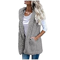 Hooded Long Cardigan For Women Fleece Solid Pocket Open Front Sweater Vest Comfy Elegant Hoodie Coat Jacket Tops Tunic